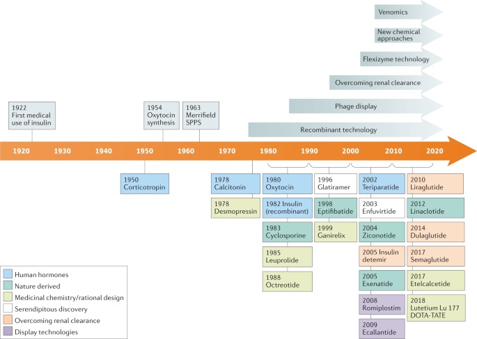 Historical timeline of key milestones, developments and drug approvals in the peptide therapeutics field