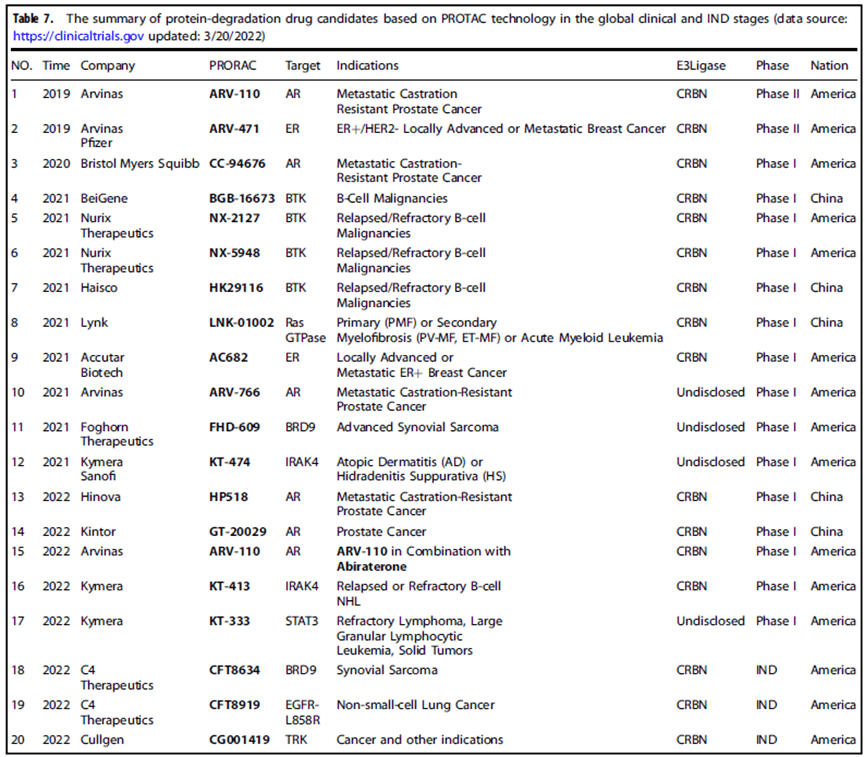 summary of protein-degradation drug candidates